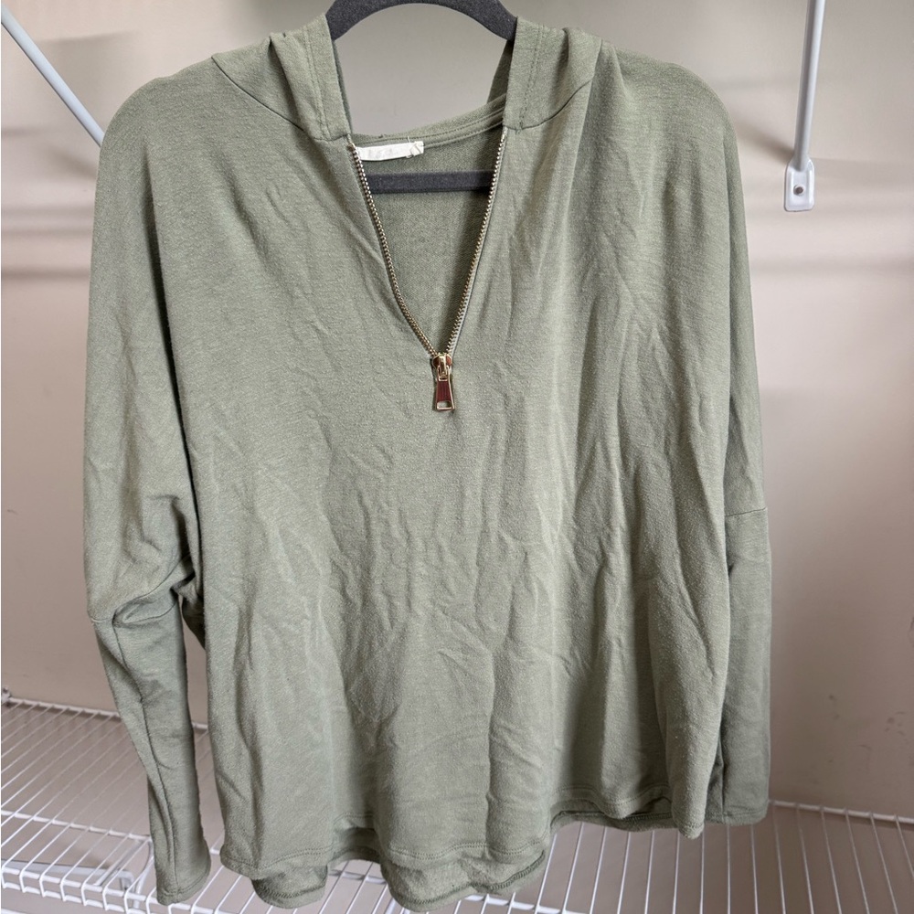 Olive Green Zip-Up T-Shirt Hoodie